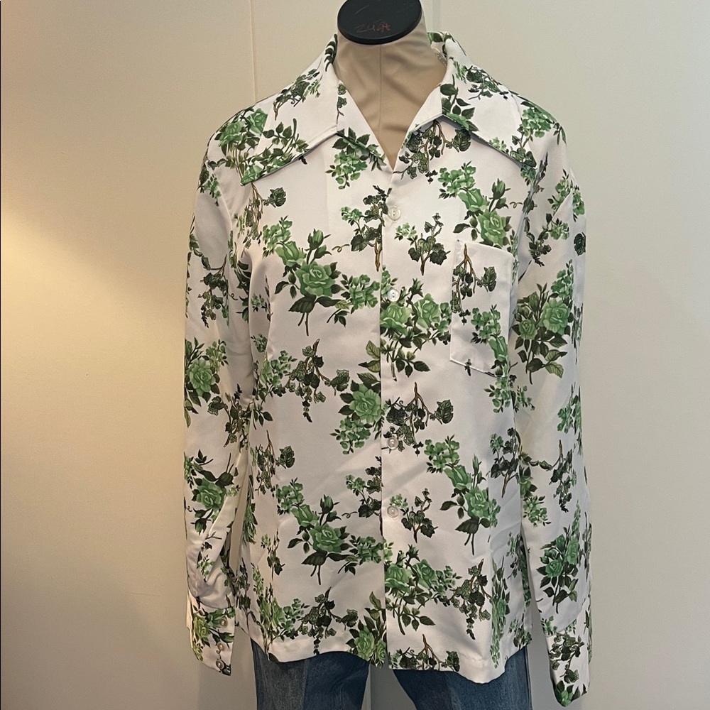 Vintage White Button-Up Disco Shirt with Green Floral Print